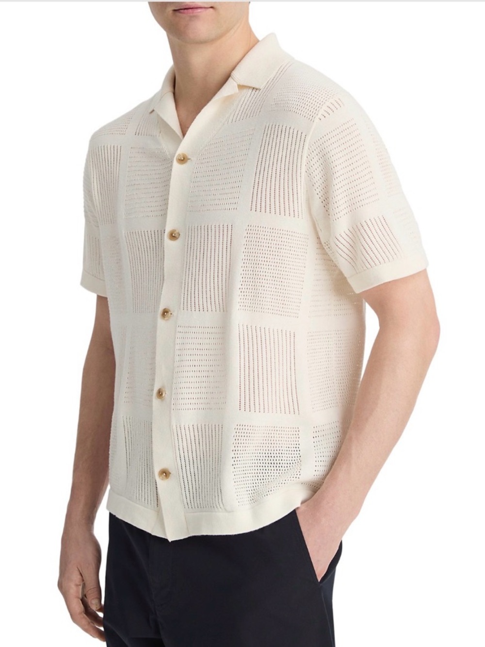 Cream Knit Short Sleeve Button-Up Shirt / Patchwork Pointelle Short-Sleeve Shirt